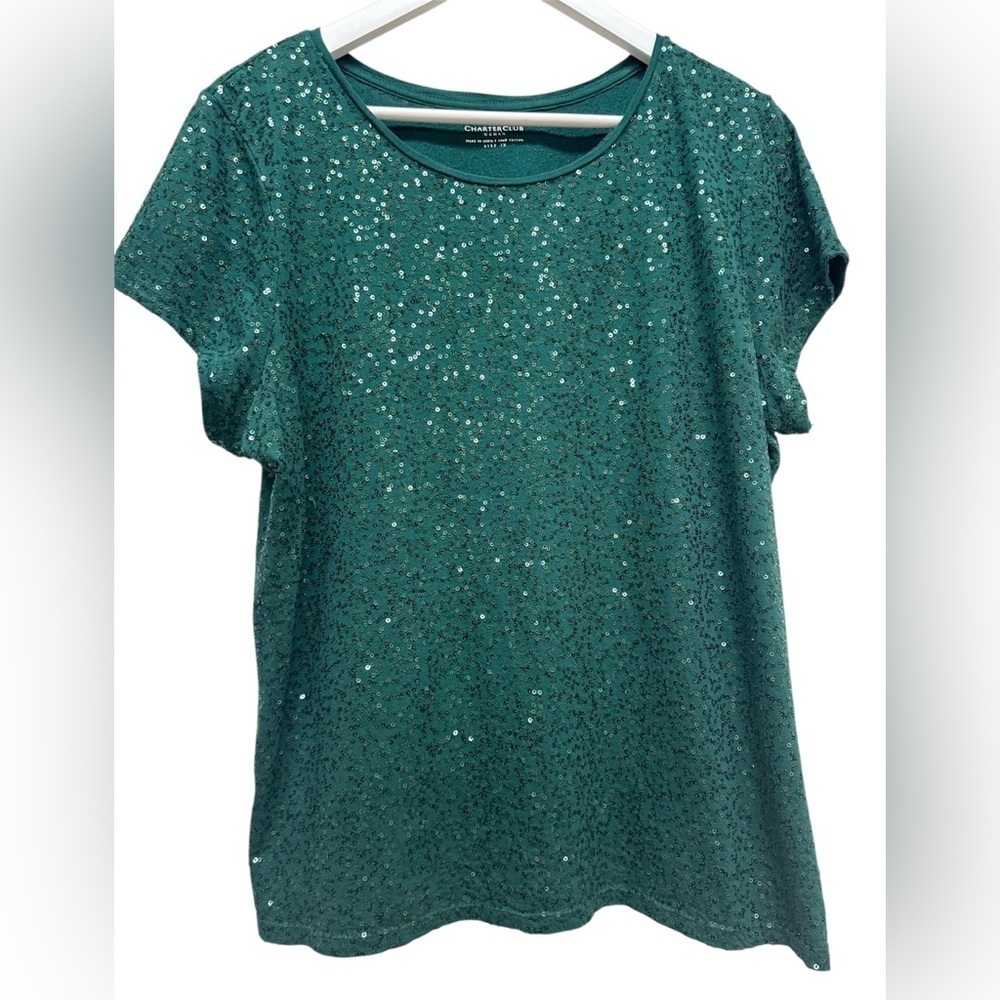 Charter Club Green Sequin Short Sleeve Top Women’s size 1X